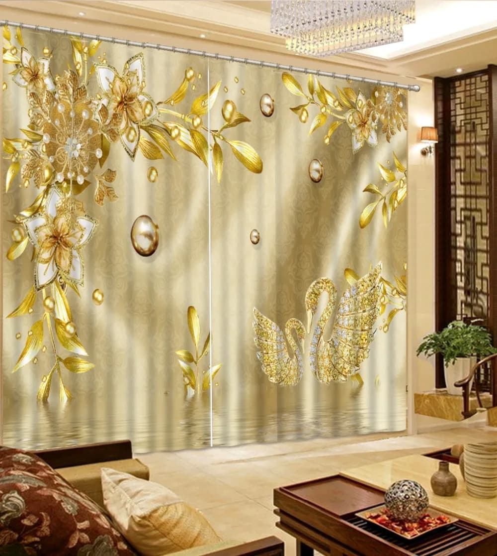 European Printing Curtains Drapes – Stunning Gold Luxury Curtains for Living Room and Bedroom Decoration – Enhance Windows with Blackout and 3D Sheer Effects