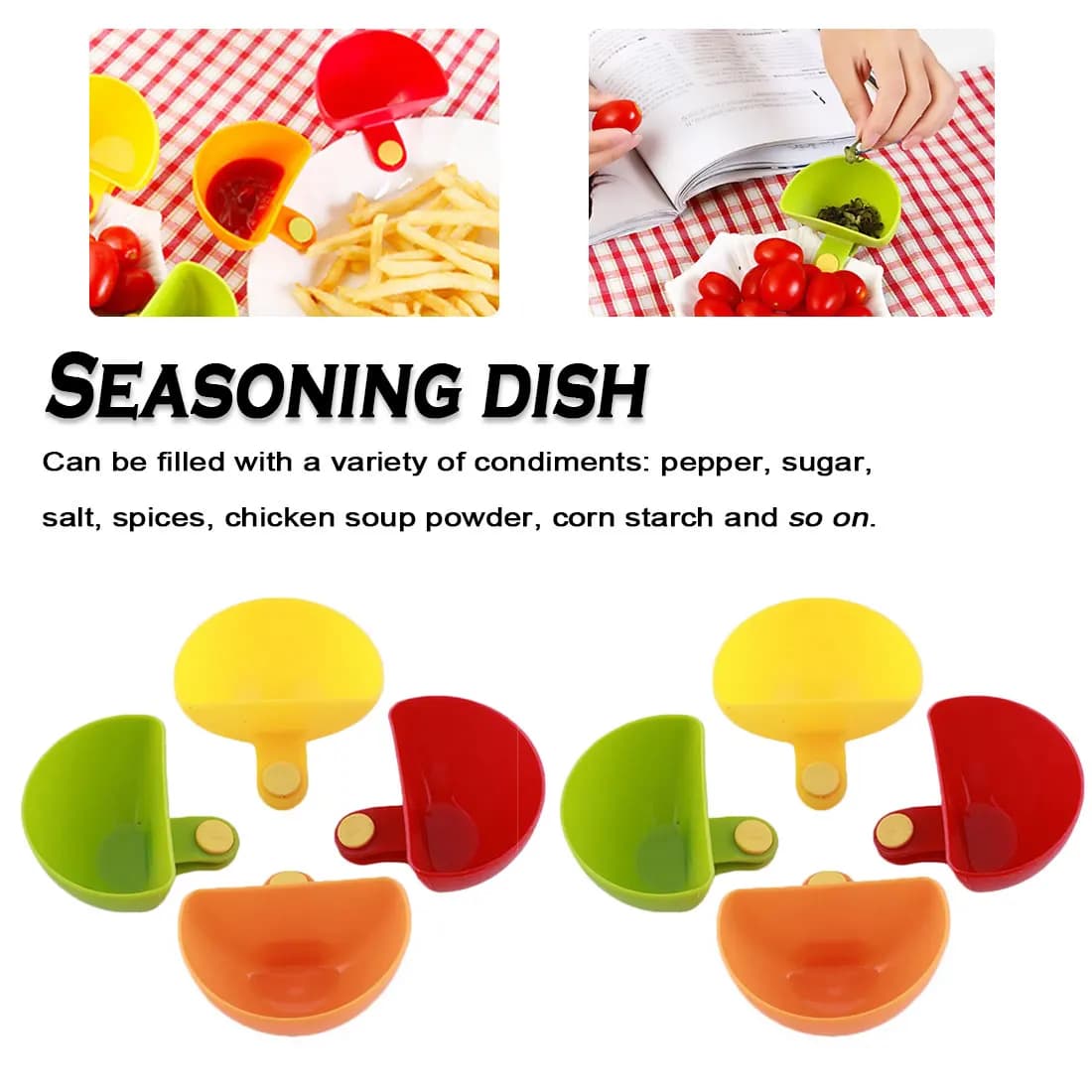 Set of 2 Small Clip Seasoning Dishes for Salad, Sugar, Tomato Paste, Sauce, and More in Assorted Colors - Kitchen Bowl Dip Clips