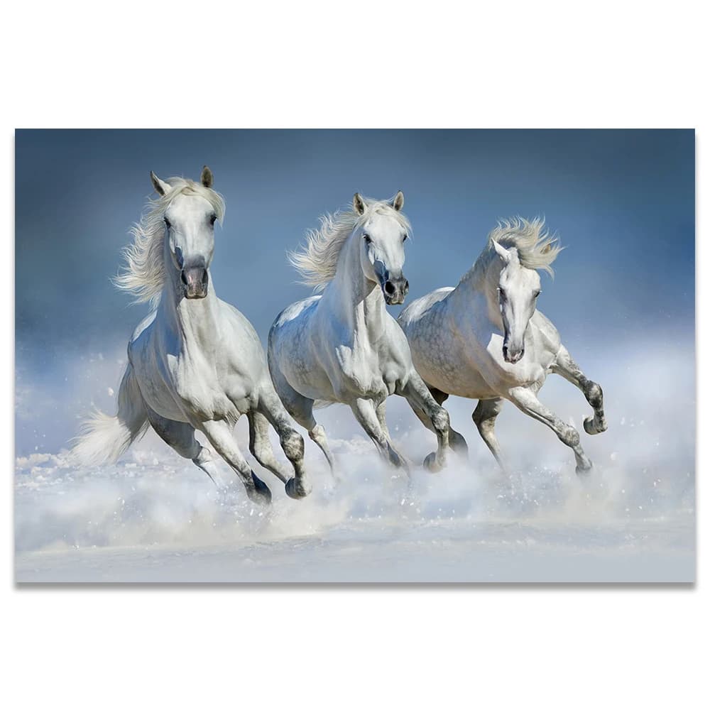 White Horses Painting Snow Running Horse Poster - Sunrise Wall Art Canvas Print - Farm Decoracion Wall Pictures - Perfect for Living Room