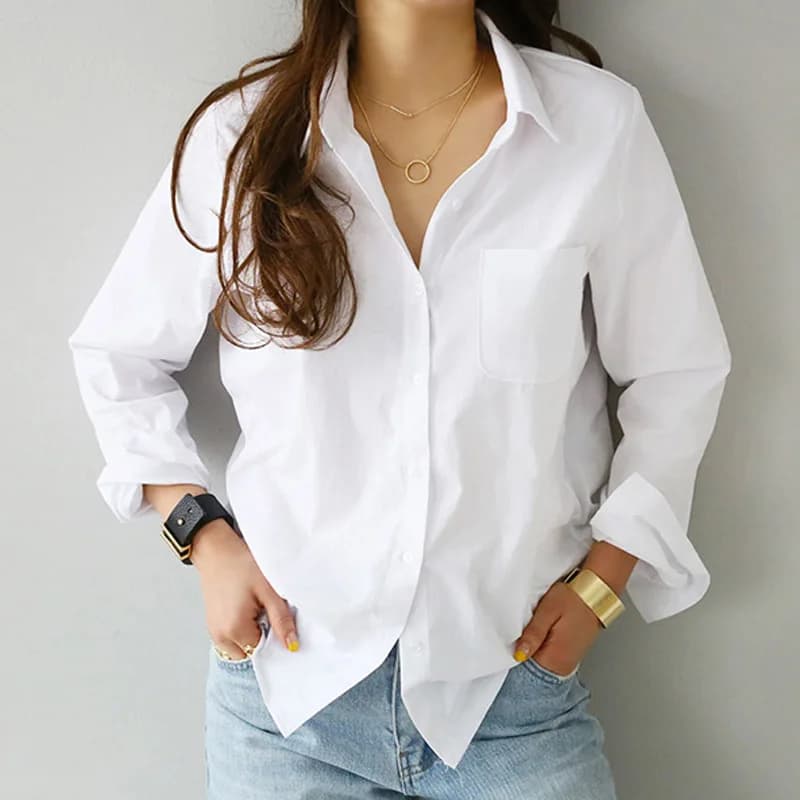 Women's White Long Sleeve Blouse, Casual OL Style Loose Fit Shirt with Pocket and Turn-Down Collar