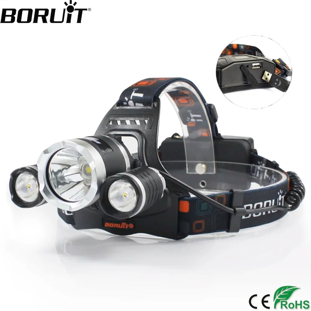 BORUiT RJ-5000 8000 Lumens T6+2*R2 LED Headlamp, 4-Mode Power Bank Headlight for Hunting and Camping, Flashlight with 18650 Battery Torch