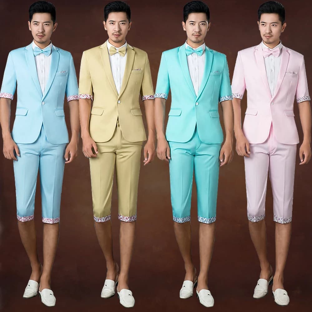 Korean Short Sleeve Color Suits for Men - Photography Cultivating Leisure Suit, Theatrical Costume Pants, Small Suit