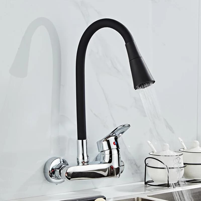 Wall Mounted Kitchen Faucet with 360° Swivel Flexible Hose, Double Hole Kitchen Sink Mixer Tap