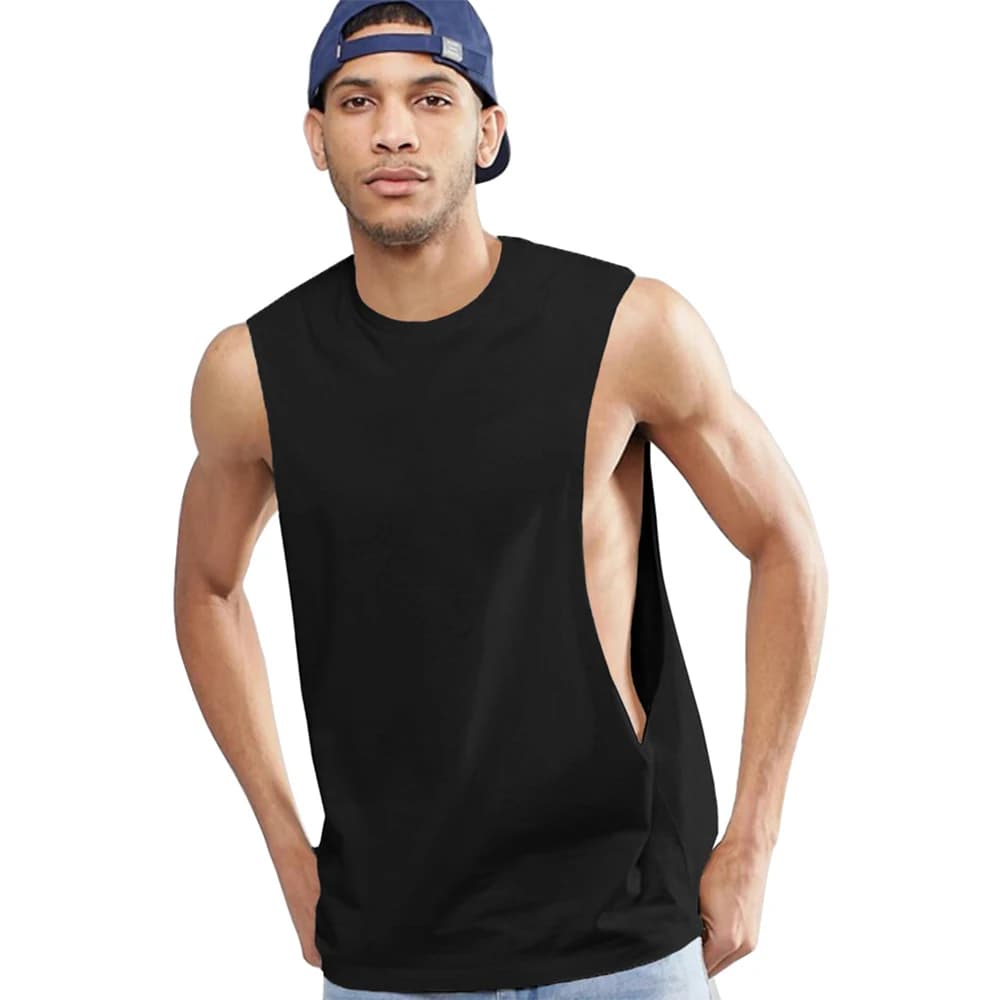 Men's Fitness Sleeveless Vest with Extreme Dropped Armhole Crew Neck Regular Fit Tank Tops