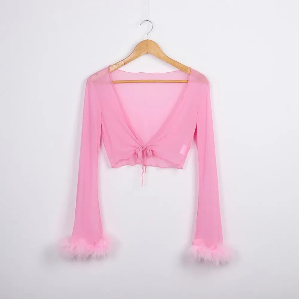 Pink Mesh Tracksuits for Women - Sexy Autumn Two Piece Set with Long Sleeve Fluffy Crop Top and Pants for Streetwear