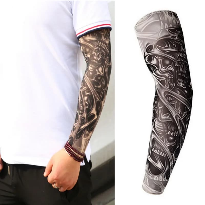 Black Skull Design Elastic Nylon Sleeve Kit for Men - Fake Temporary Tattoo Sleeves Full Long Slip-On Arm Tattoos