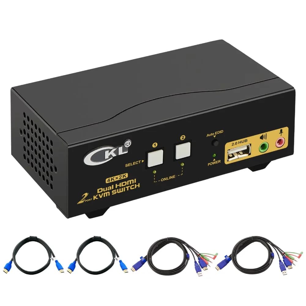 CKL HDMI KVM Switch 2 Port Dual Monitor Extended Display - USB KVM Switch HDMI with Audio and 2 HDMI Output 4K@30Hz - PC Monitor Key