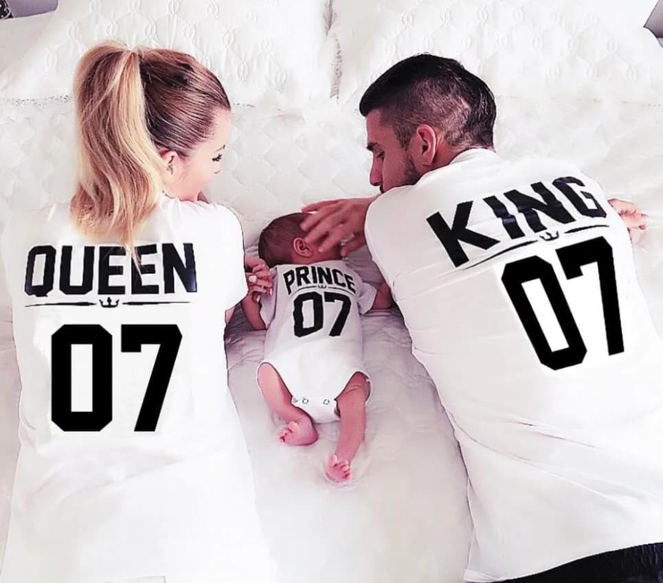 100% Cotton Matching T-Shirt Set - King 07, Queen 07, Prince, and Princess - Newborn Letter Print Shirts - Couples Leisure Short Sleeve O Neck T