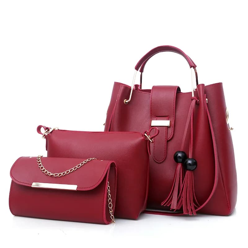 3-Piece Women's Leather Handbag Set: Large Capacity Casual Tote Bag with Tassel Bucket Purses and Shoulder Bags