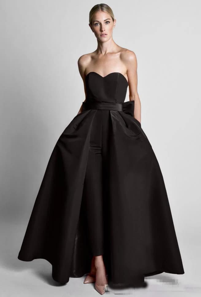 Women's Elegant Red Satin Jumpsuit Evening Dress with Detachable Skirt Sweetheart Neck Prom Celebrity Party Gown