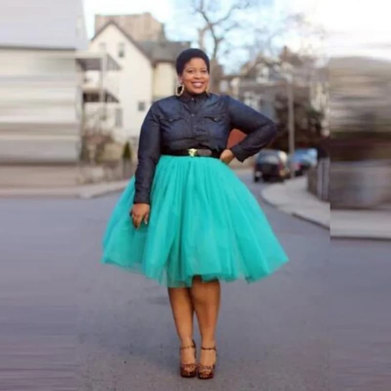 Street Fashion Women's Plus Size Custom Made Knee Length Tulle Skirt with Satin Waist