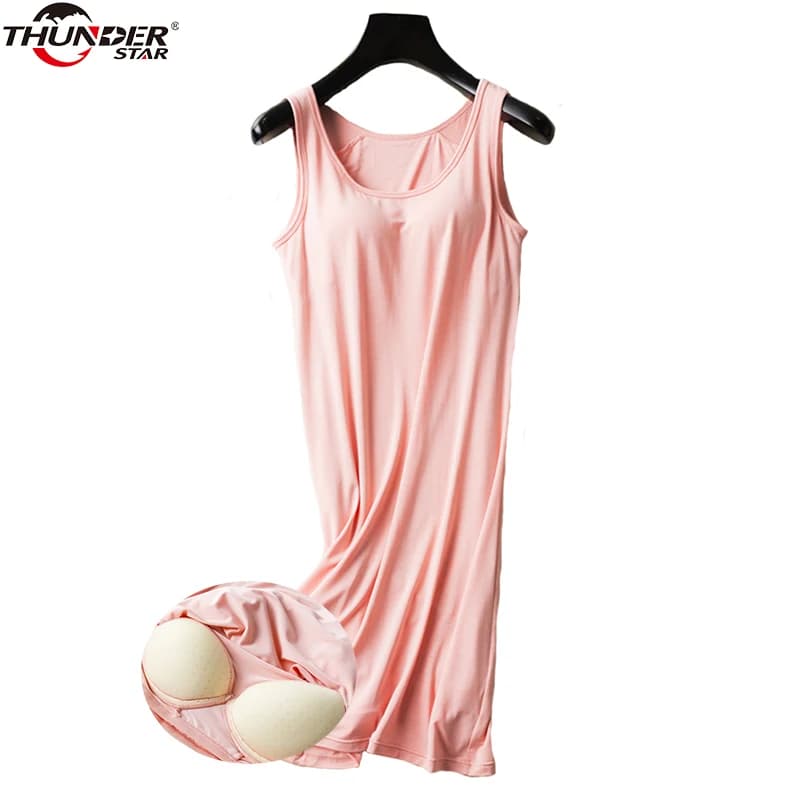 Women's Sleeveless Modal Nightgown with Built-in Shelf Bra – Solid Chemise Lounge Nightdress for Home, Sleepwear, and Comfort
