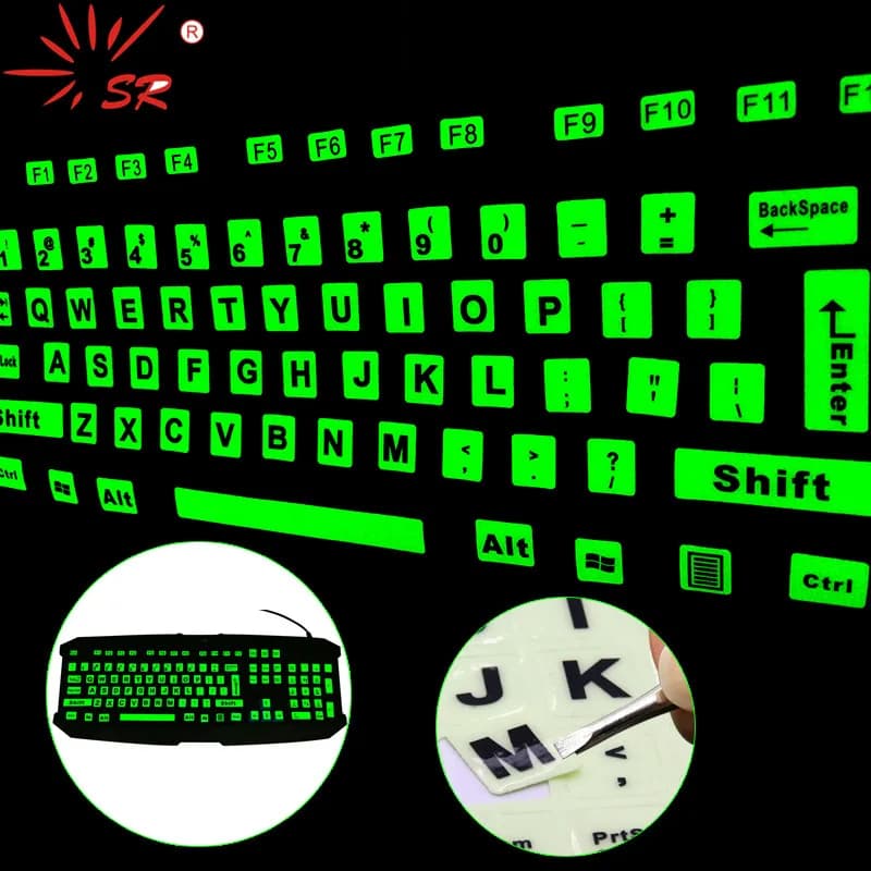 SR Luminous English Full Keyboard Sticker Film Glow In The Dark Capital Letters Sticker With 2 Fonts