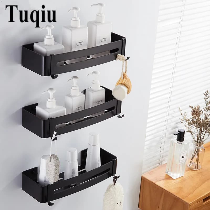 Bathroom/Kitchen Wall-Mounted Storage Shelf with Shampoo Holder - Black Aluminum (Corner)
