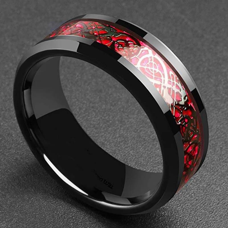 Domineering Man Ring with Red and Green Carbon Fiber Inlay, Black Dragon Design - Stainless Steel Comfort Fit Wedding Band for Men