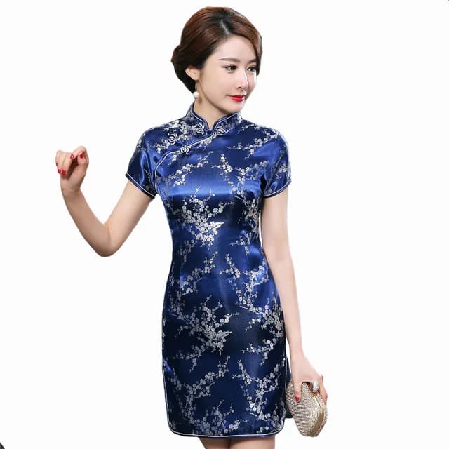 Navy Blue Satin Qipao Summer Dress - Traditional Chinese Cheongsam Women's Mandarin Collar Silm Qipao - Size S-XXL
