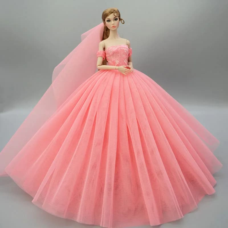 Barbie Doll Pink Wedding Dress - Princess Evening Party Gown with Veil - 1/6 Doll Clothes and Accessories