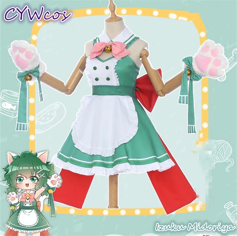 My Hero Academia Izuku Midoriya Deku Cafe Maid Cosplay Costume for Women - Anime Cosplay Dress with Cat Ears