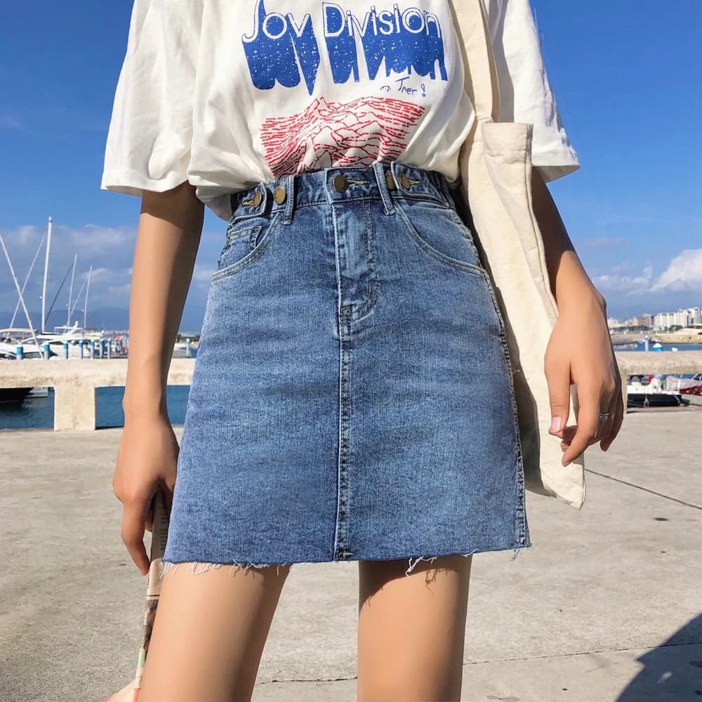 Spring Summer Women's High Waist Denim Skirt with Buttons - Street Wear Pencil Skirt in Black and Blue Jeans Mini Skirt