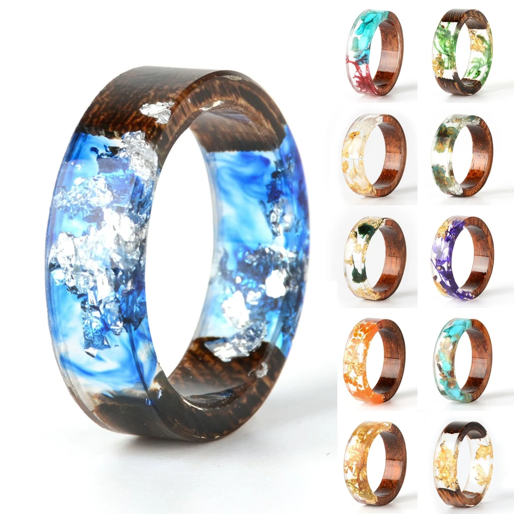 Handmade Romantic Dried Flower Wood Resin Ring with Gold Foil - Women's Wedding Party Gift