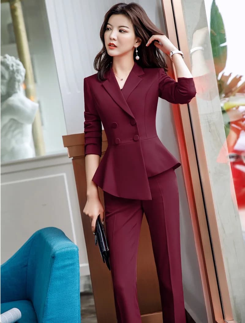 Elegant Maroon Red Pantsuits for Women - Formal Uniform Designs with Jackets and Pants for Business Suits, OL Styles, and Ladies Blazers
