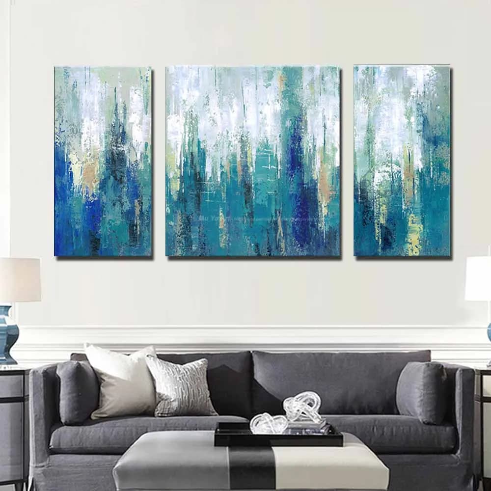Modern Blue Abstract Handmade Three Panel Canvas Oil Painting - Living Room Home Wall Decor