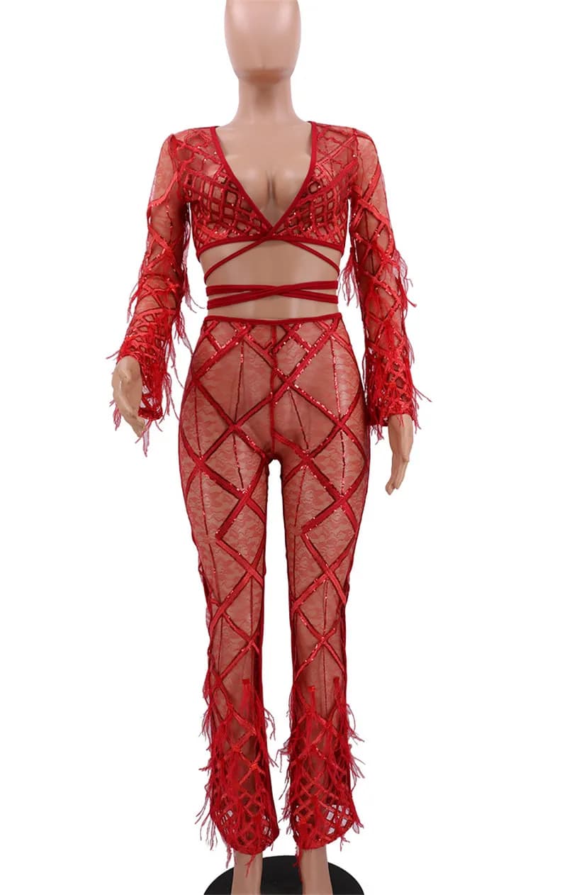 Women's Sexy Clubwear Two Piece Set - Adogirl Feather Lace Sequins Sheer Mesh Deep V Neck Bell Sleeve Lace Up Crop Top and Flare Pants Outfit