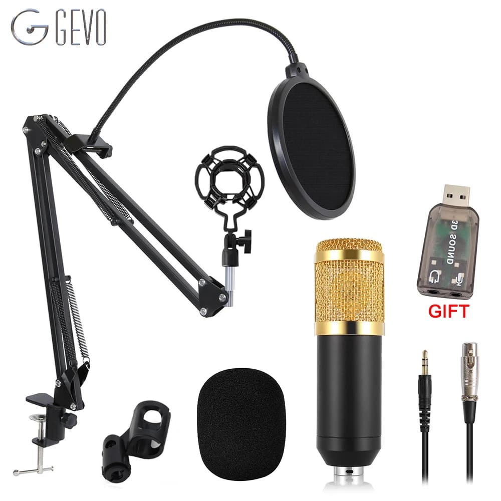 GEVO BM800 Microphone for Computer - Wired Studio Condenser Karaoke Mic with Pop Filter, NB 35 Holder Arm, and Phantom Power