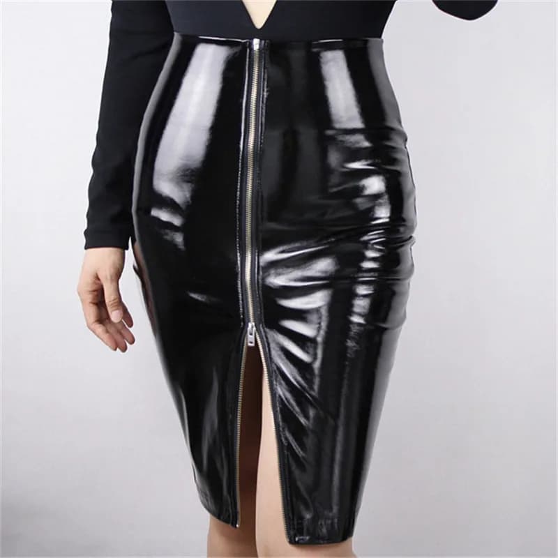 Black Patent Leather Long Zipper Skirt with Side Split and High Waist Elastic – PU Imitation Leather, Pencil Half-Length
