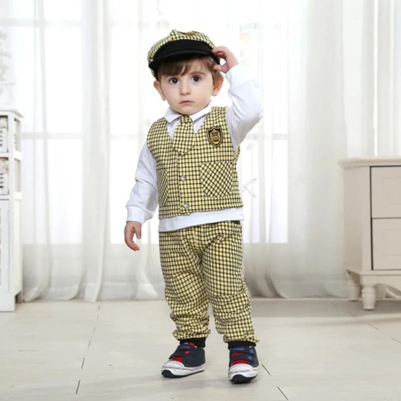 Baby Boys Plaid Wedding Suit Set with Hat, Newborn Gentleman 3-Piece Outfit