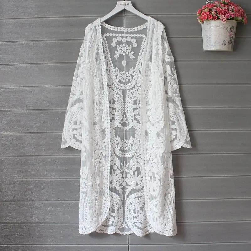 White Embroidered Lace Kimono Cardigan for Women - Long Sleeve Beachwear and Korean Fashion