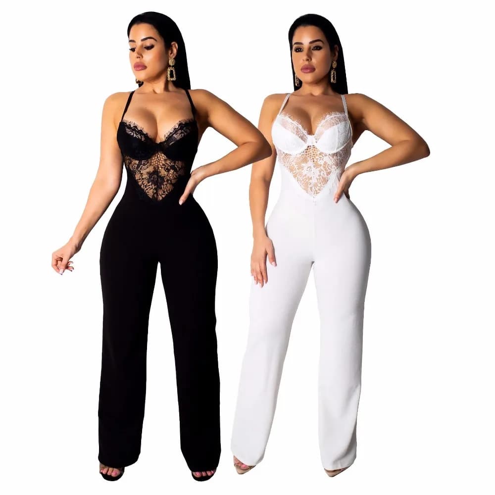 Women's Lace Front V-Neck Jumpsuits & Rompers - Casual Full-Length Jumpers in European and American Style