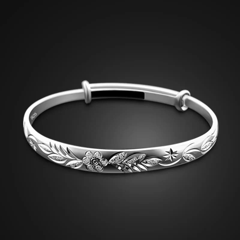 Bohemian Vintage Retro Silver Bracelets for Women - Classic Carved Leaf Plum Design with Zircon, Crafted in Solid 925 Sterling Silver