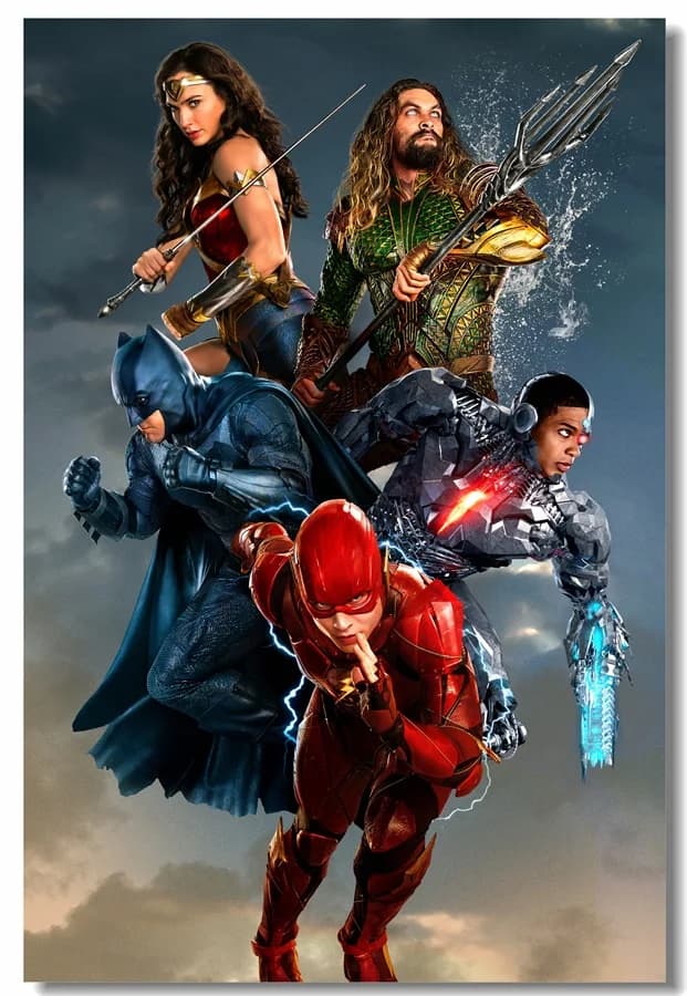 Justice League Canvas Wall Art Featuring Aquaman, Superman, Wonder Woman, Flash, Cyborg, and Batman - Customizable Poster and Sticker Options Available