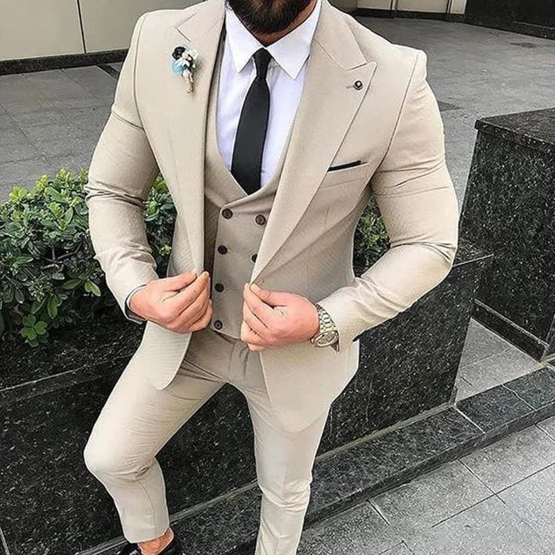 Slim Fit Beige Men's 3-Piece Suit for Wedding Tuxedos, Groomsmen, Business Party - Prom Blazer Jacket, Pants, Tie, and Vest