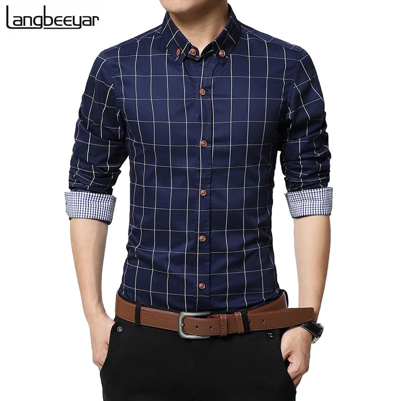 Men's Slim Fit Long Sleeve Plaid Cotton Shirt, Casual Social Plus Size M-5XL - Autumn Fashion Brand