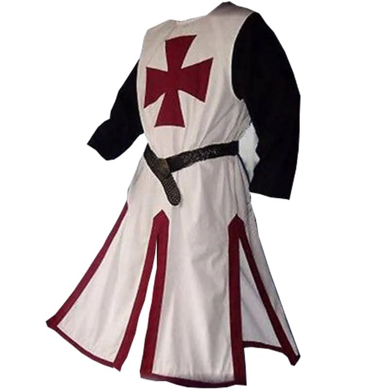Knight Templar Crusader Costume for Men, Medieval Warrior Tunic with Cross Tabard, Belted Surcoat Gown Shirt, Plus Size 3XL 4XL