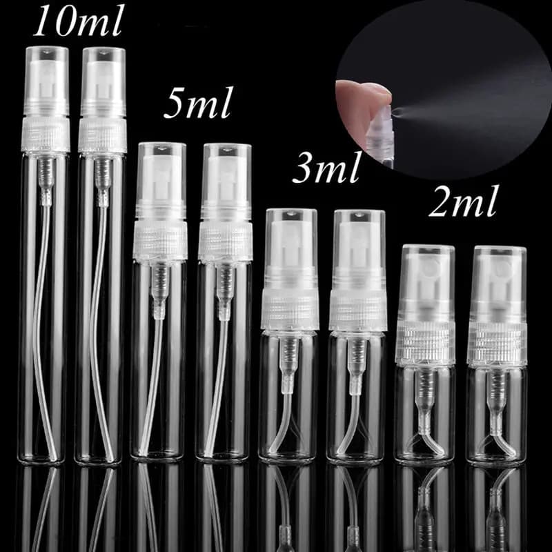 Lot of 50 Clear Glass Spray Bottles - Portable Perfume Atomizers, Mini Test Tubes, Thin Glass Vials - Sizes 2ml, 3ml, 5ml, and 10ml