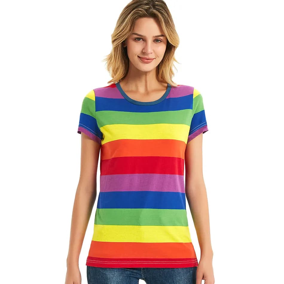 Women's Rainbow T-Shirt- Black and White Striped Shirt with Red and White Stripes Tees - Short Sleeve Casual Tops
