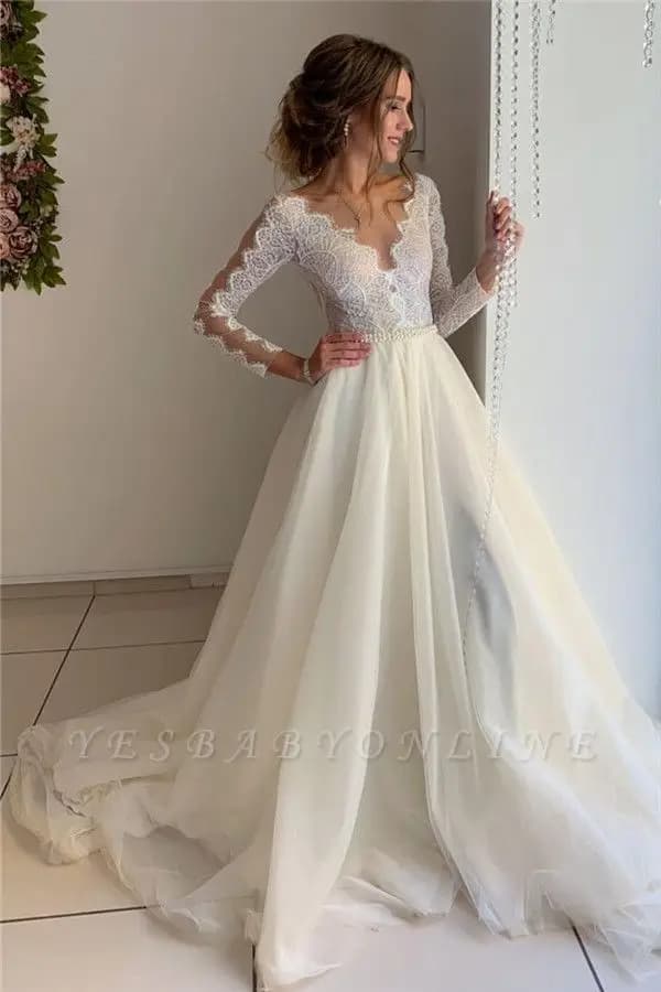 Long Wedding Dresses Bridal Dresses A-Line V-Neck Gowns Off Shoulder Long Sleeves Wedding Dresses