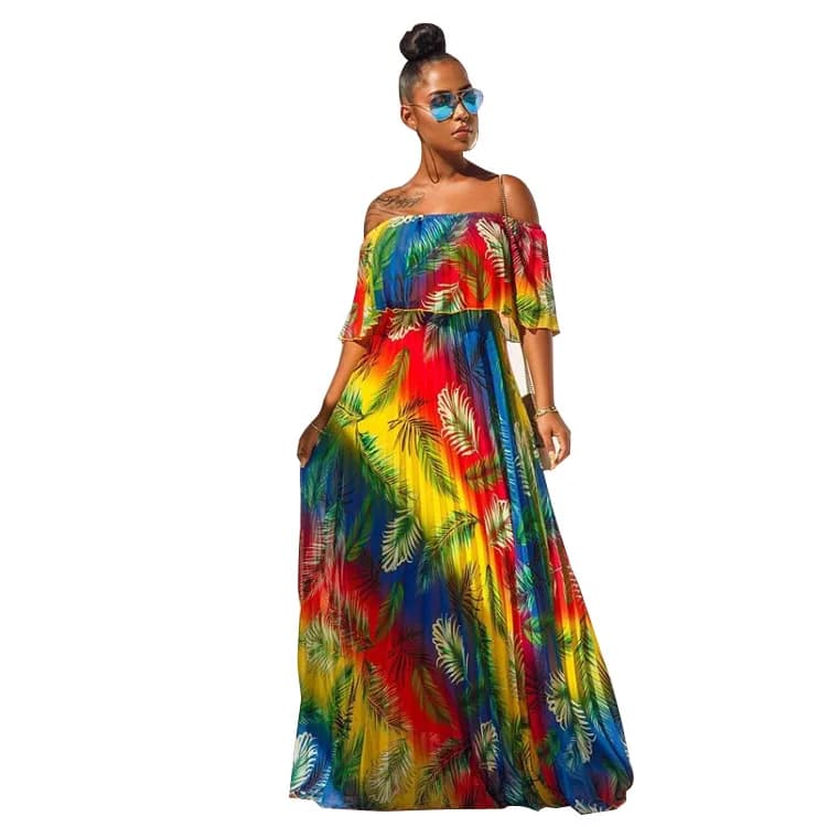 Rainbow Color Off-Shoulder Chiffon Summer Maxi Dress for Women - A-Line Floor-Length and Elegant