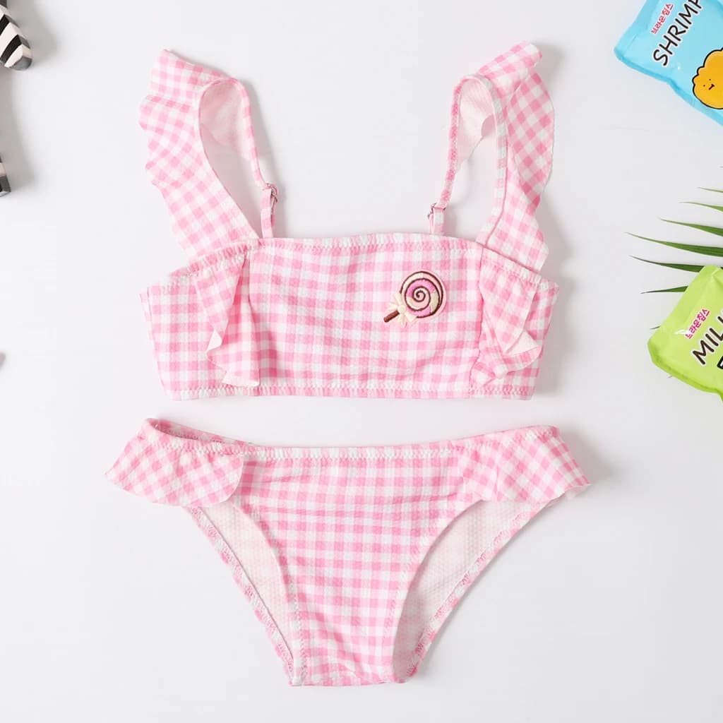 Baby Girl's Bikini Set Classic Geometric Swimsuit Lollipop Flounce Swimwear Little Girl Adjustable Bathsuit