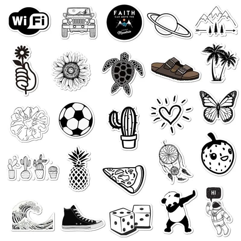 50PCS Pack of Black and White Vsco Stickers - Waterproof Children Toy Stickers for Suitcase, Laptop, Bicycle, Phone, and Helmet Decals