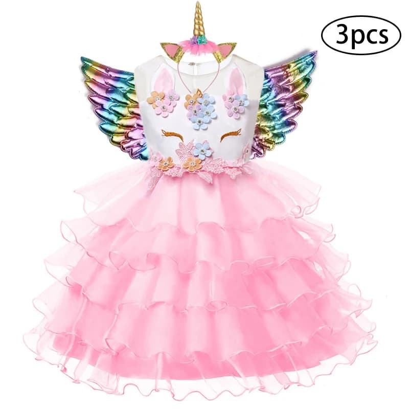 Unicorn Party Dress for Girls - 3 Piece Kids Princess Dress Set for Toddlers - Halloween Costume Ages 3-10 Years