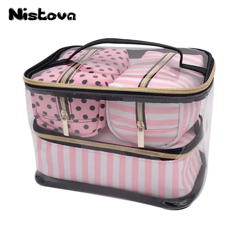 PVC Transparent Cosmetic Bag Organizer Set - Pink Toiletry Travel Makeup Case for Beauticians and Vanity Necessities, Ideal for Trips