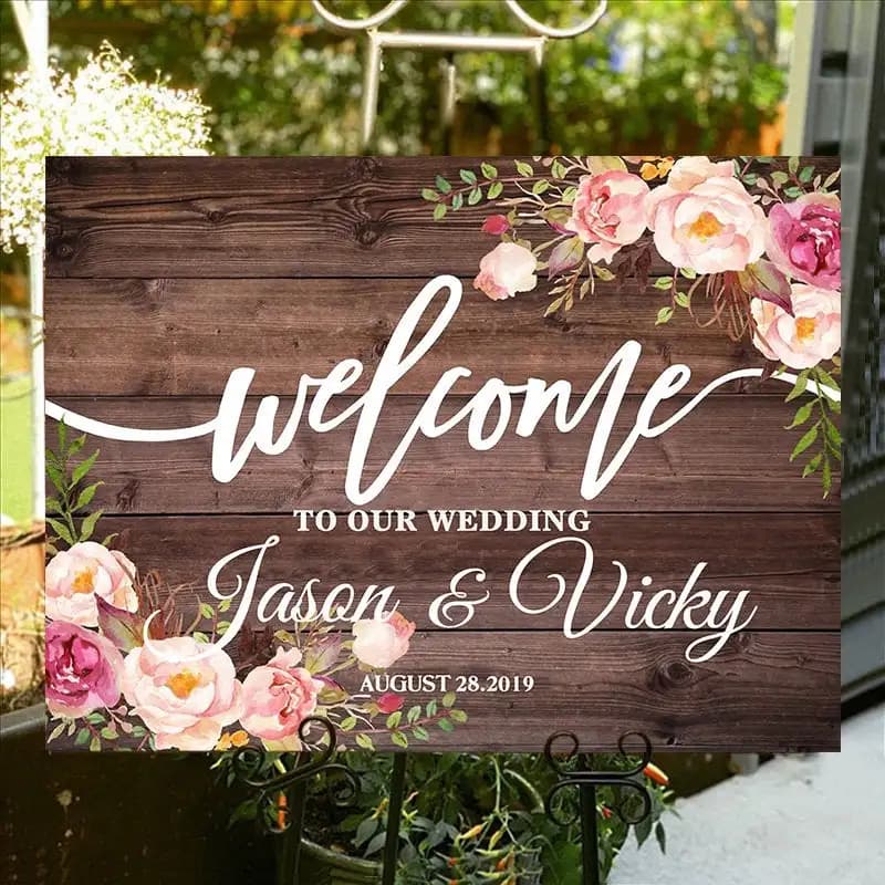 Custom Wedding Welcome Sign - Personalized Wood Welcome Board with Flower Accents for Rustic Wedding Décor - Couple Name and Date