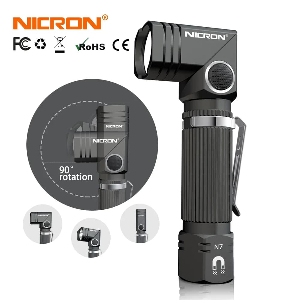 Nicron LED Flashlight - Hands-free Dual Fuel, 90 Degree Twist Rotary Clip, 600LM, Waterproof, Magnet, Mini Lighting Torch for Outdoor N7