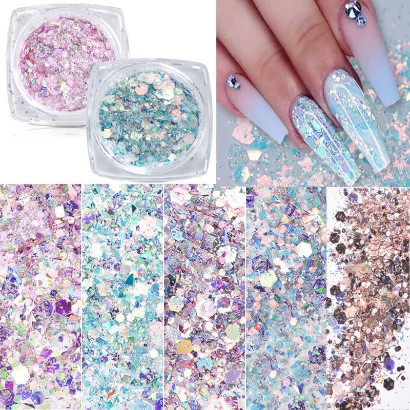 DIY Nail Glitter Powder - 12 Color Shiny Holographic Decoration for Laser Gel Polish