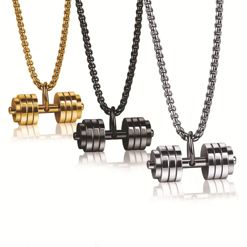 Men's Stainless Steel Dumbbell Necklace Gold Silver Pendant Long Chain Bodybuilding Hip Hop Jewelry