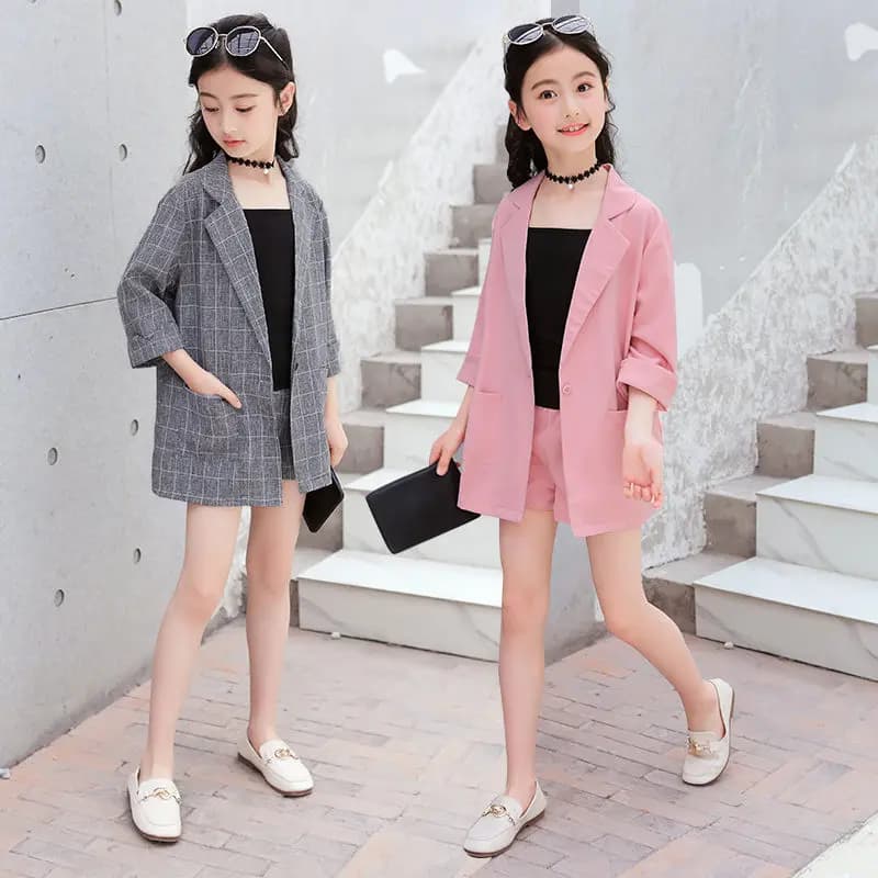 Kids Girls Blazer Jacket + Vest + Shorts 3PCS Tuxedos Suit | Children Girls Blazer for Wedding Party - Pink Grey Color